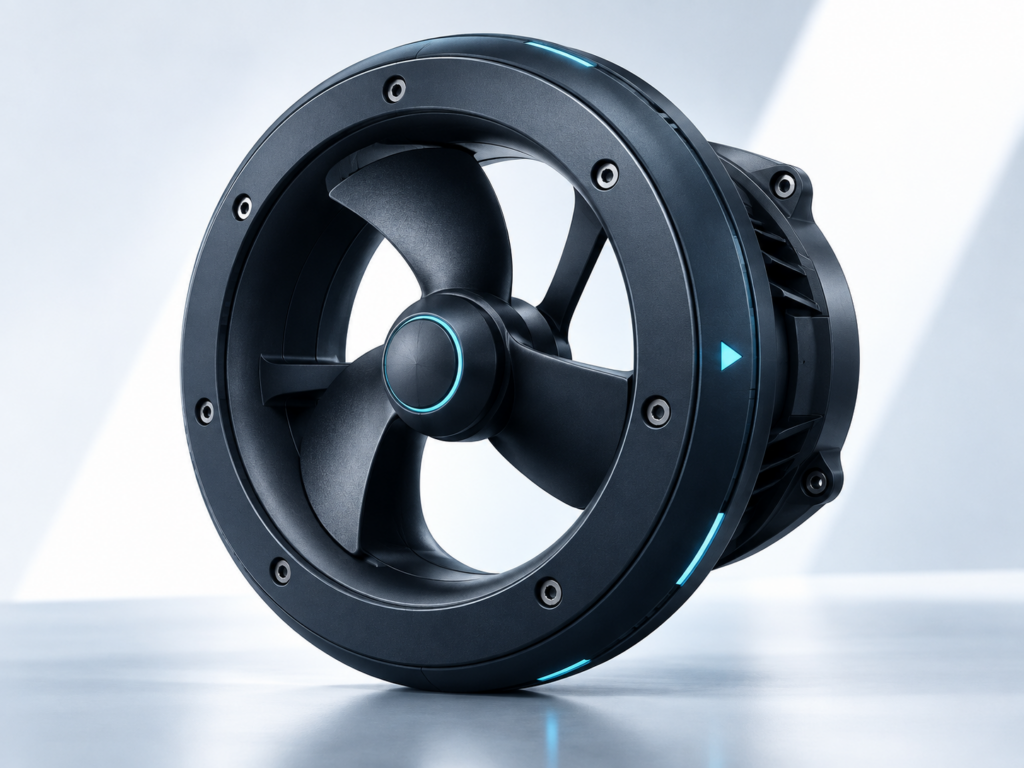 Dark navy rim-drive marine thruster concept with cyan technical accents